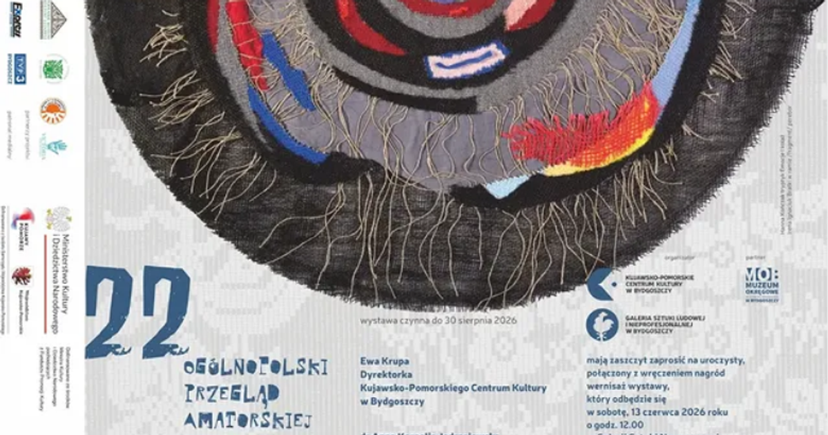 Plakat XXII Ogólnopolskiego Przeglądu Amatorskiej Tkaniny Unikatowej zapowiadający wystawę współczesnego tkactwa artystycznego w Bydgoszczy