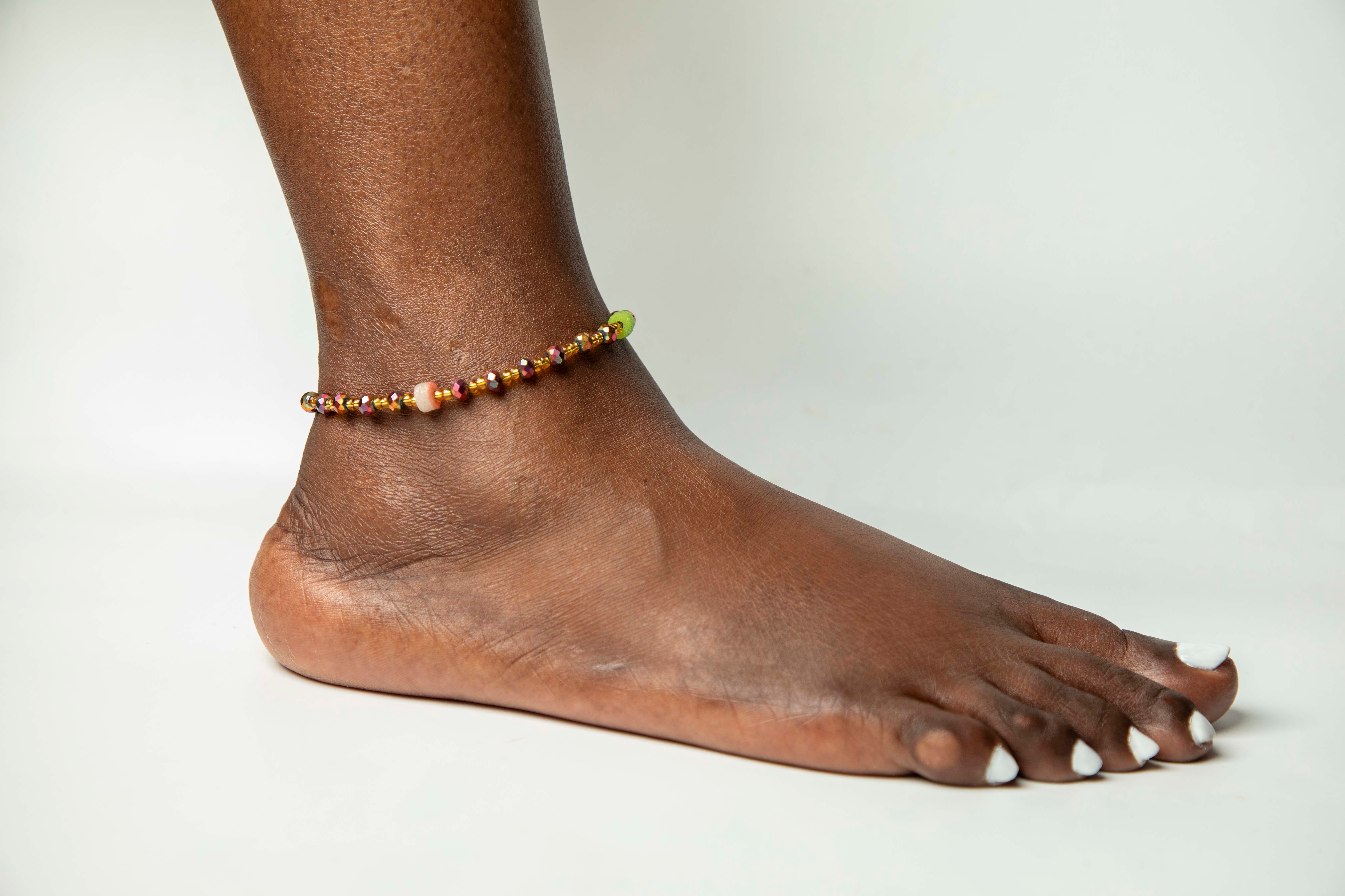 Single Strand Beaded Anklet - Purple-Green
