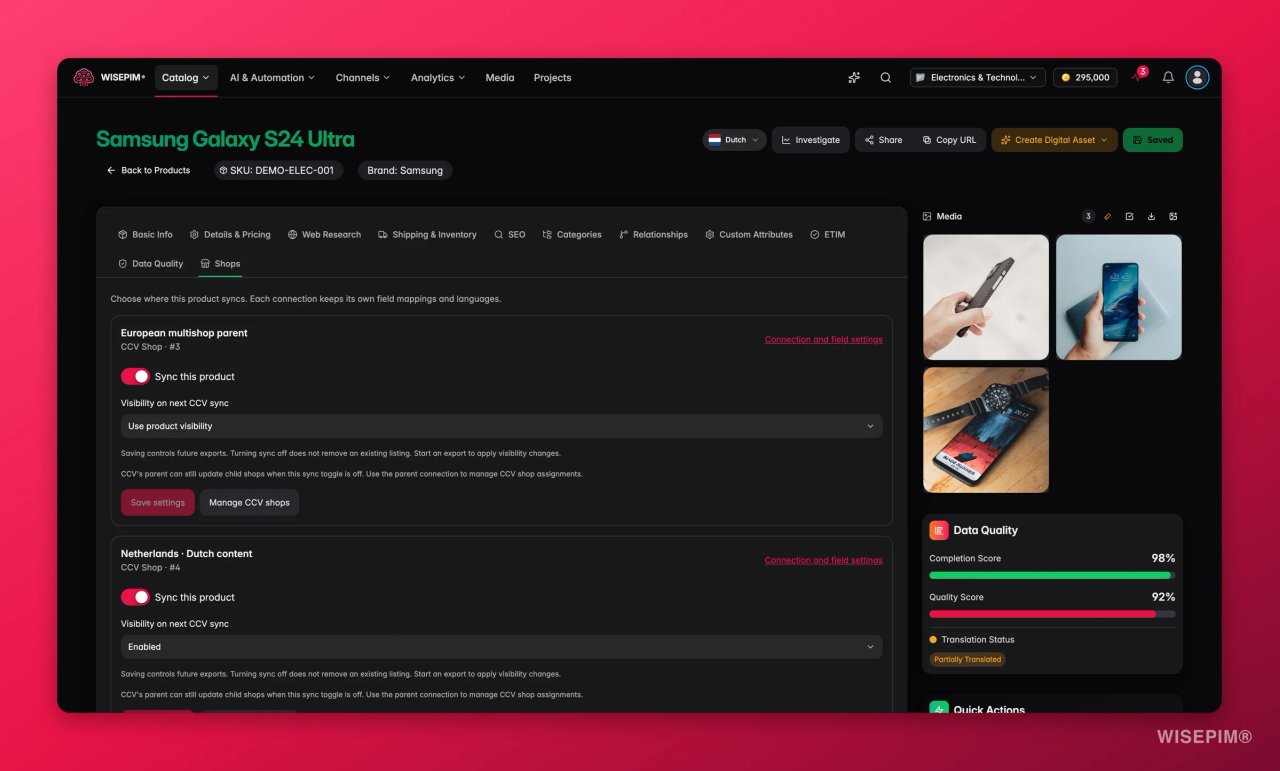 Onglet Shops de l'éditeur produit WISEPIM pour un produit, avec la synchronisation activée pour deux connexions CCV Shop : un multishop parent européen et une boutique néerlandaise avec du contenu en néerlandais.