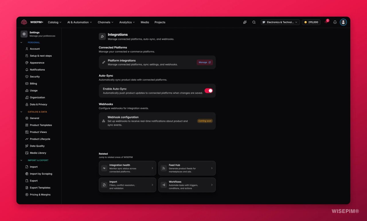 Die Einstellungsseite Integrations (Integrationen) in WISEPIM mit verbundenen Plattformen, einem eingeschalteten Schalter Enable Auto-Sync und Webhook-Einstellungen.
