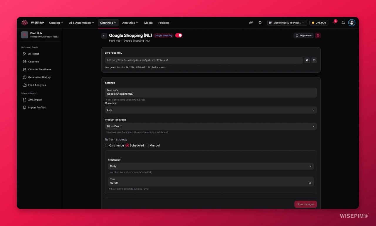 WISEPIM Feed Hub-Einstellungen für einen Google-Shopping-Feed (NL) mit Live-Feed-URL, Produktanzahl, Währung EUR, niederländischer Produktsprache und einer täglichen geplanten Aktualisierung um 02:00 Uhr.