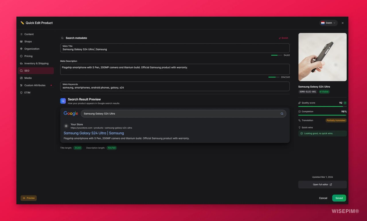 Das Quick-Edit-Panel von WISEPIM für die SEO-Felder eines Produkts, mit Meta-Titel, Meta-Beschreibung, Zeichenzählern und einer Vorschau des Google-Suchergebnisses.