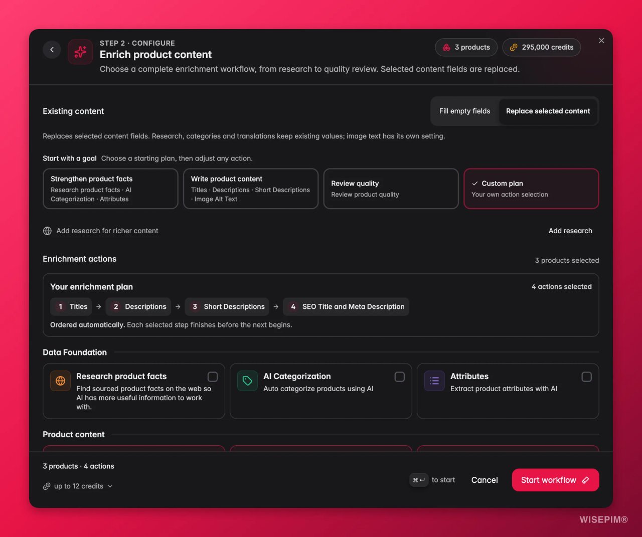 Bulk Enrich-instellingen in WISEPIM met voorinstellingen voor doelen en een geordend plan van titels, beschrijvingen, korte beschrijvingen en SEO-meta