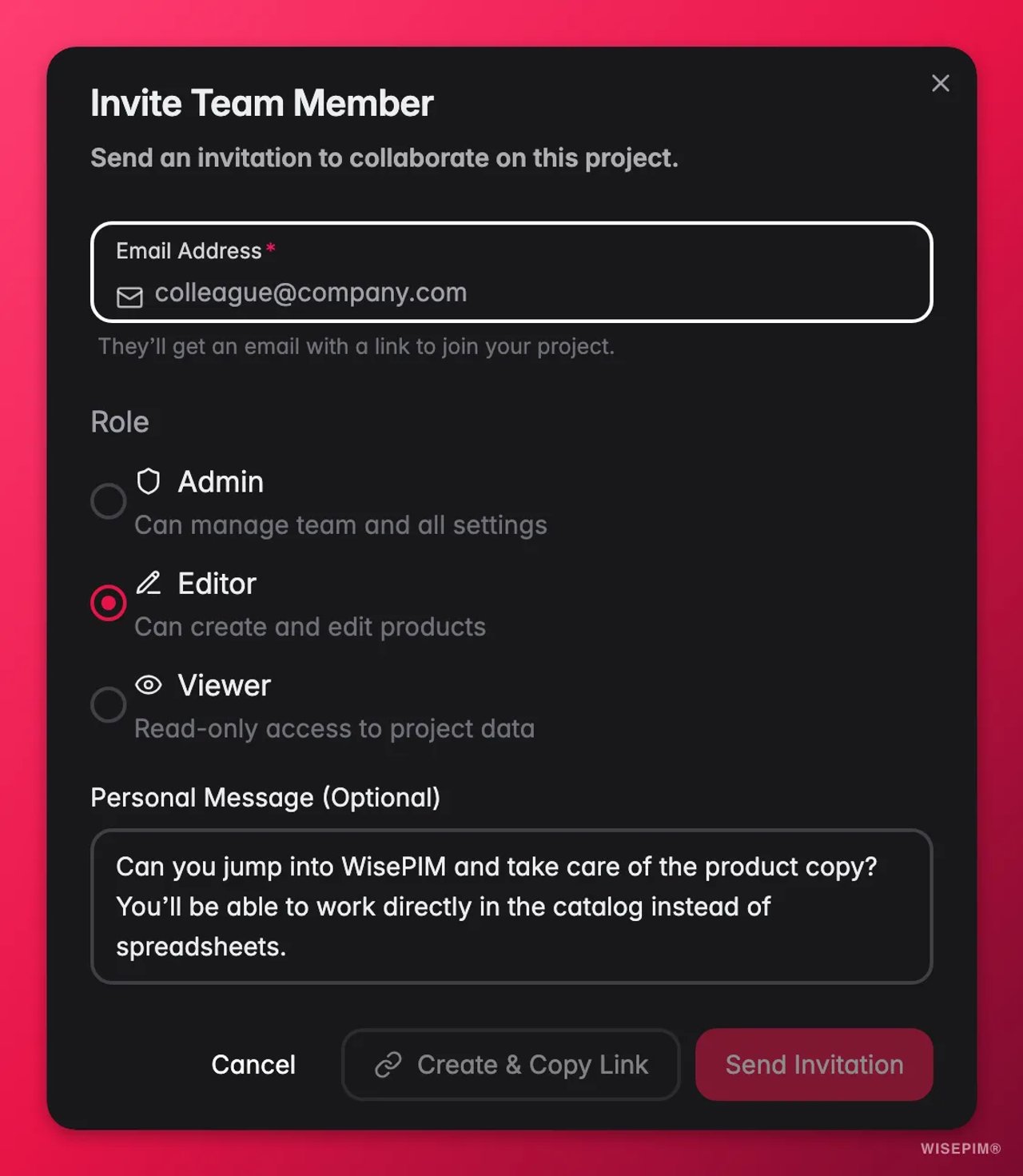 WISEPIM-modal voor het uitnodigen van teamleden met rolkeuze, een Create and Copy Link-knop en Send Invitation