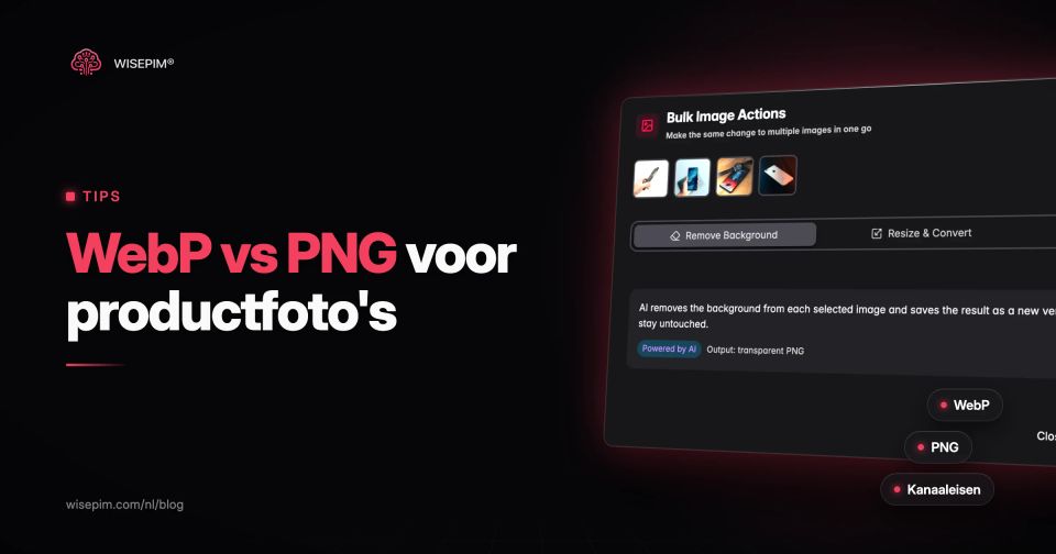 WebP vs PNG voor productfoto's: formaten, bestandsgrootte en kanaaleisen