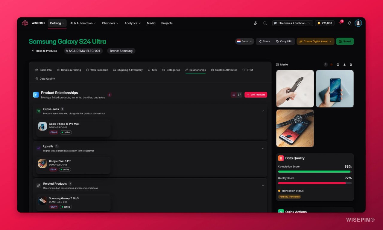 Der Tab Relationships (Beziehungen) eines Produkts in WISEPIM mit verknüpften Produkten unter Cross-sells, Upsells und Related Products, jeweils mit Name, SKU, Preis und Status.