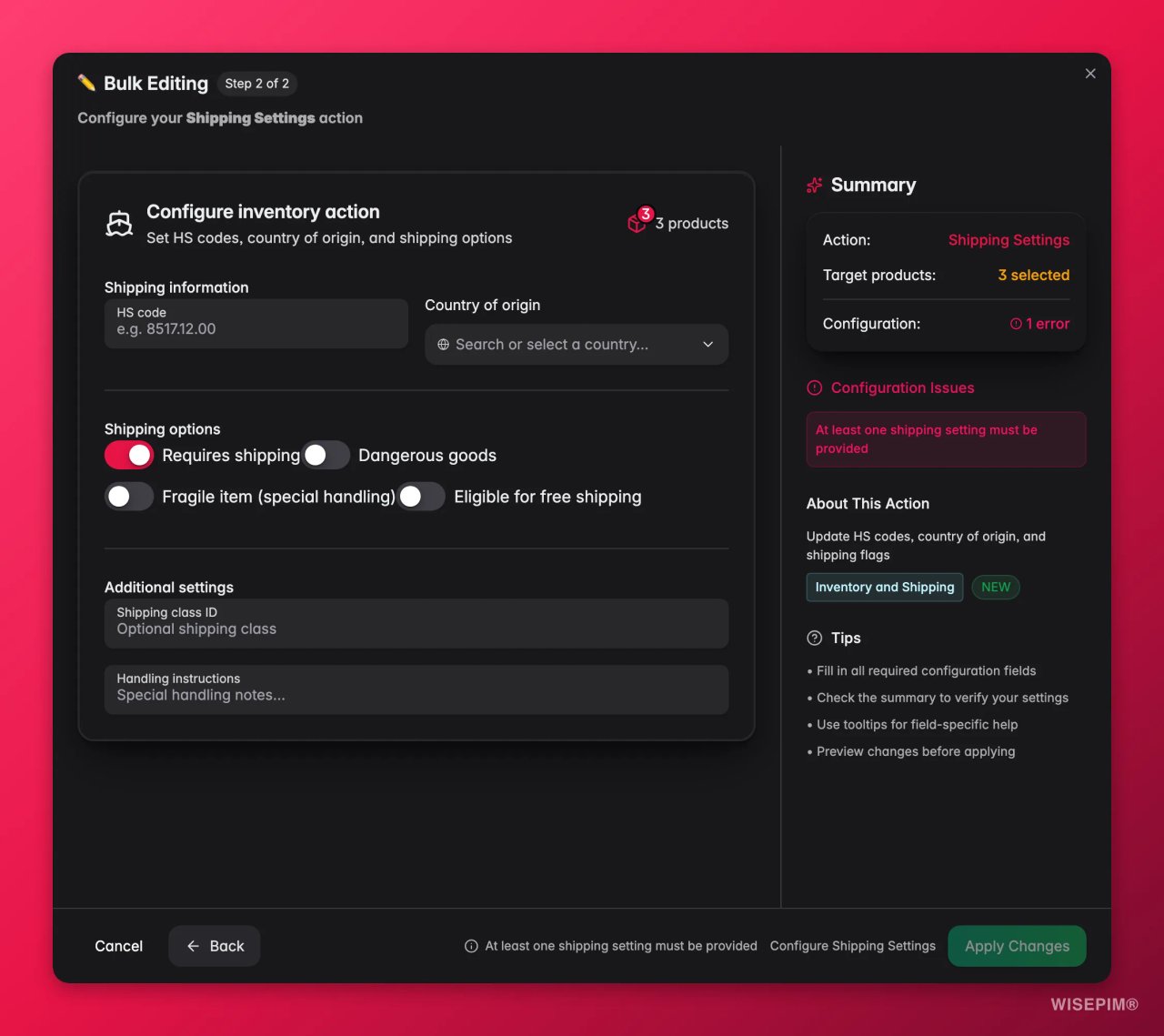 De bulkactie Verzending en douane (Shipping Settings in de Engelse interface) in WISEPIM voor drie geselecteerde producten, met velden voor HS-code en land van herkomst, verzendschakelaars en een samenvatting die zegt dat minstens één instelling nodig is.