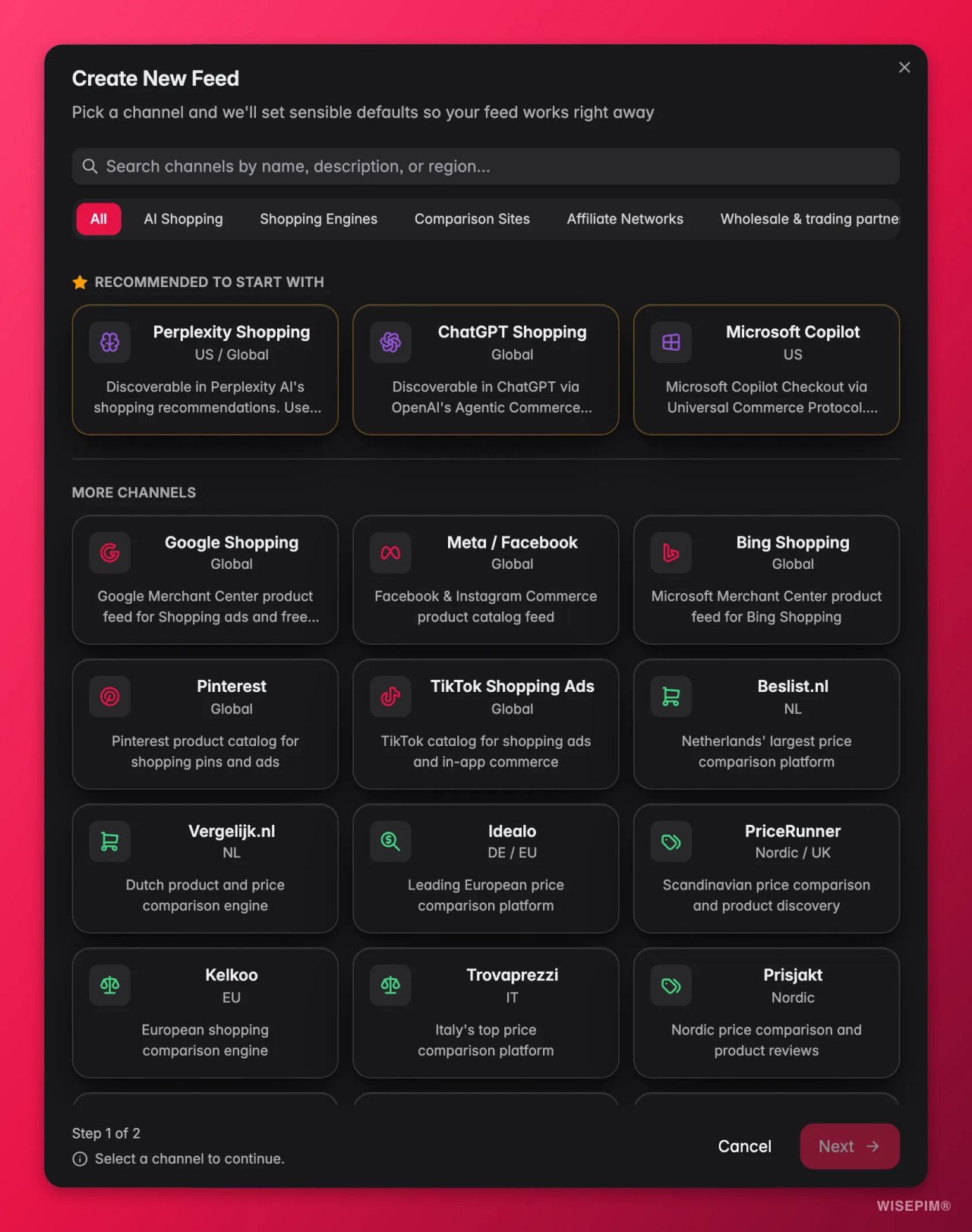 La boîte de dialogue Create New Feed dans WISEPIM Feed Hub, qui liste Perplexity Shopping, ChatGPT Shopping via l'Agentic Commerce Protocol d'OpenAI et Microsoft Copilot via l'Universal Commerce Protocol comme canaux AI Shopping recommandés.
