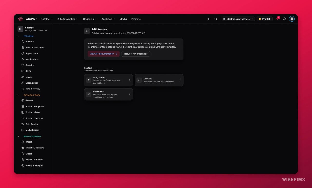 Instellingenpagina API Access in WISEPIM met links naar de API-documentatie en een knop om API-inloggegevens aan te vragen