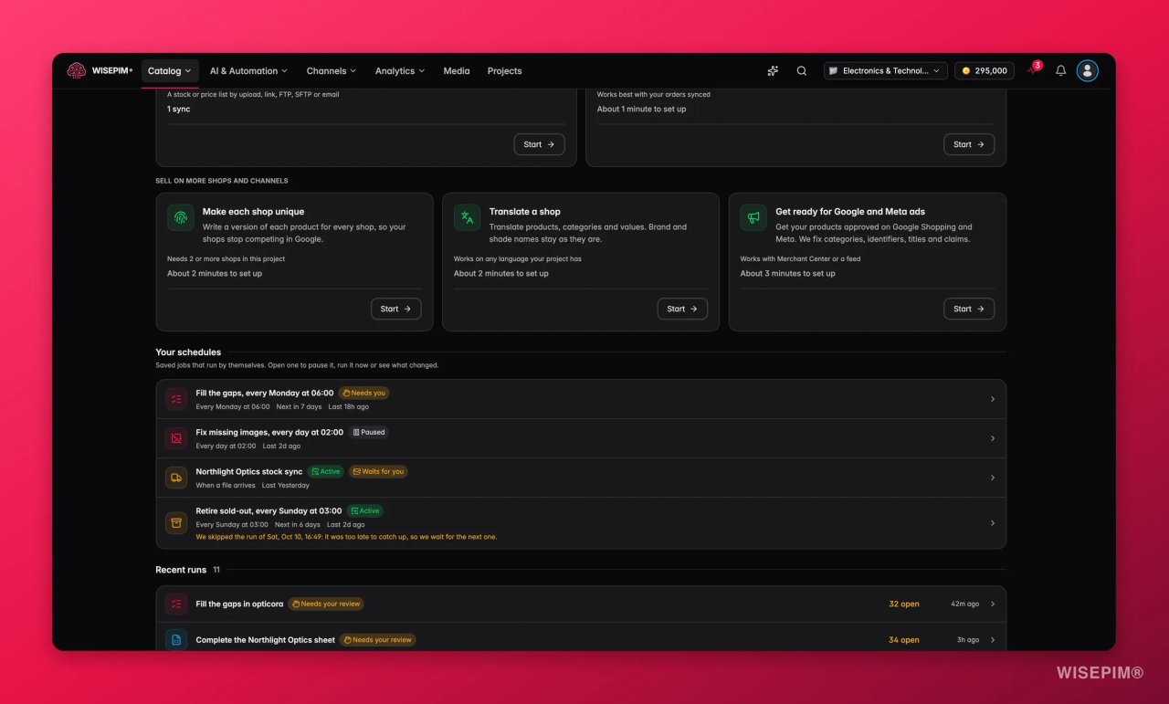 WISEPIM Catalog Jobs met terugkerende jobplanningen en recente runs die op een review wachten
