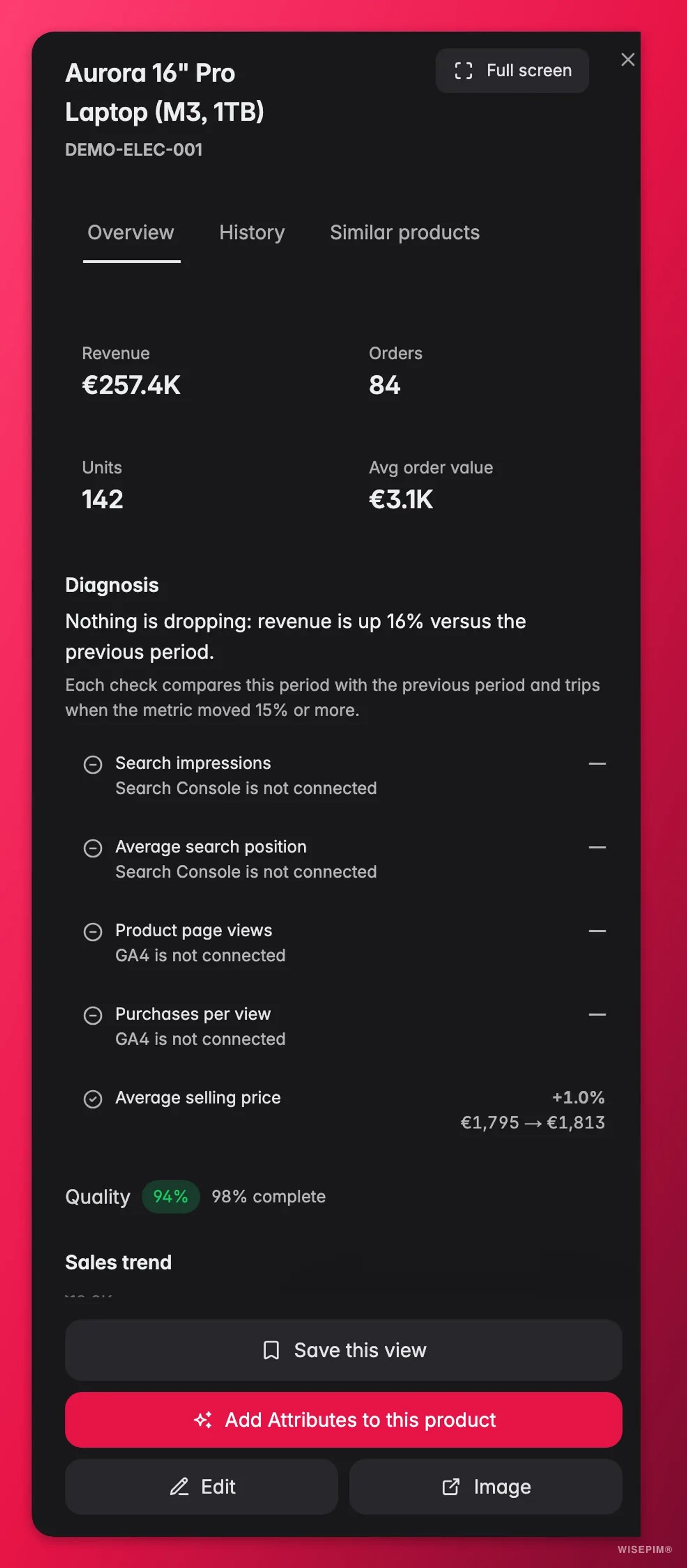 Een productprestatiepaneel voor een demolaptop met omzet, orders, aantallen, gemiddelde orderwaarde, een diagnose van de veranderingen in de periode, een kwaliteitsscore van 94% en een verkooptrend.