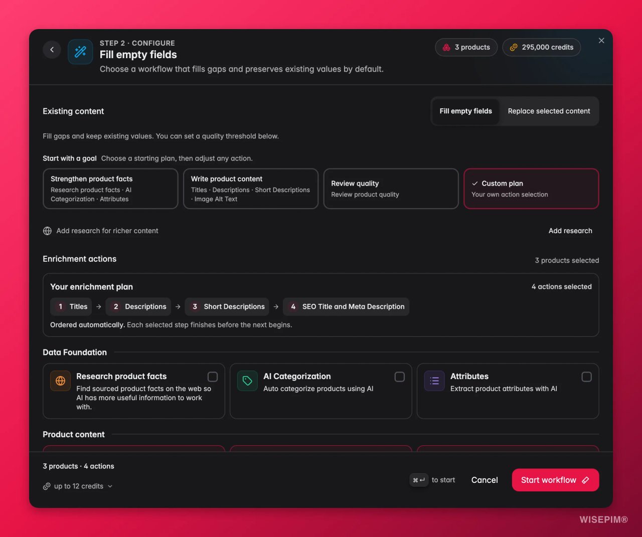 Venster Fill empty fields in WISEPIM met doelen zoals Strengthen product facts en de Data Foundation-acties Research product facts, AI Categorization en Attributes.