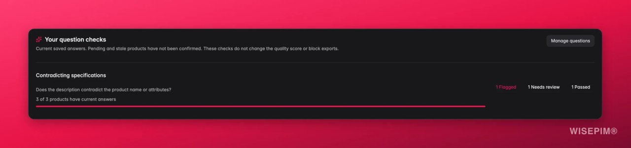 Data Quality-kaart in WISEPIM met een vraagcontrole, aantallen voor gemarkeerd, review nodig en geslaagd, en de antwoorddekking