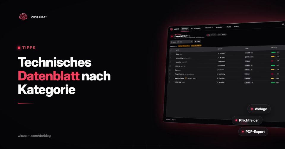 Technisches Datenblatt: Vorlage und Felder nach Kategorie