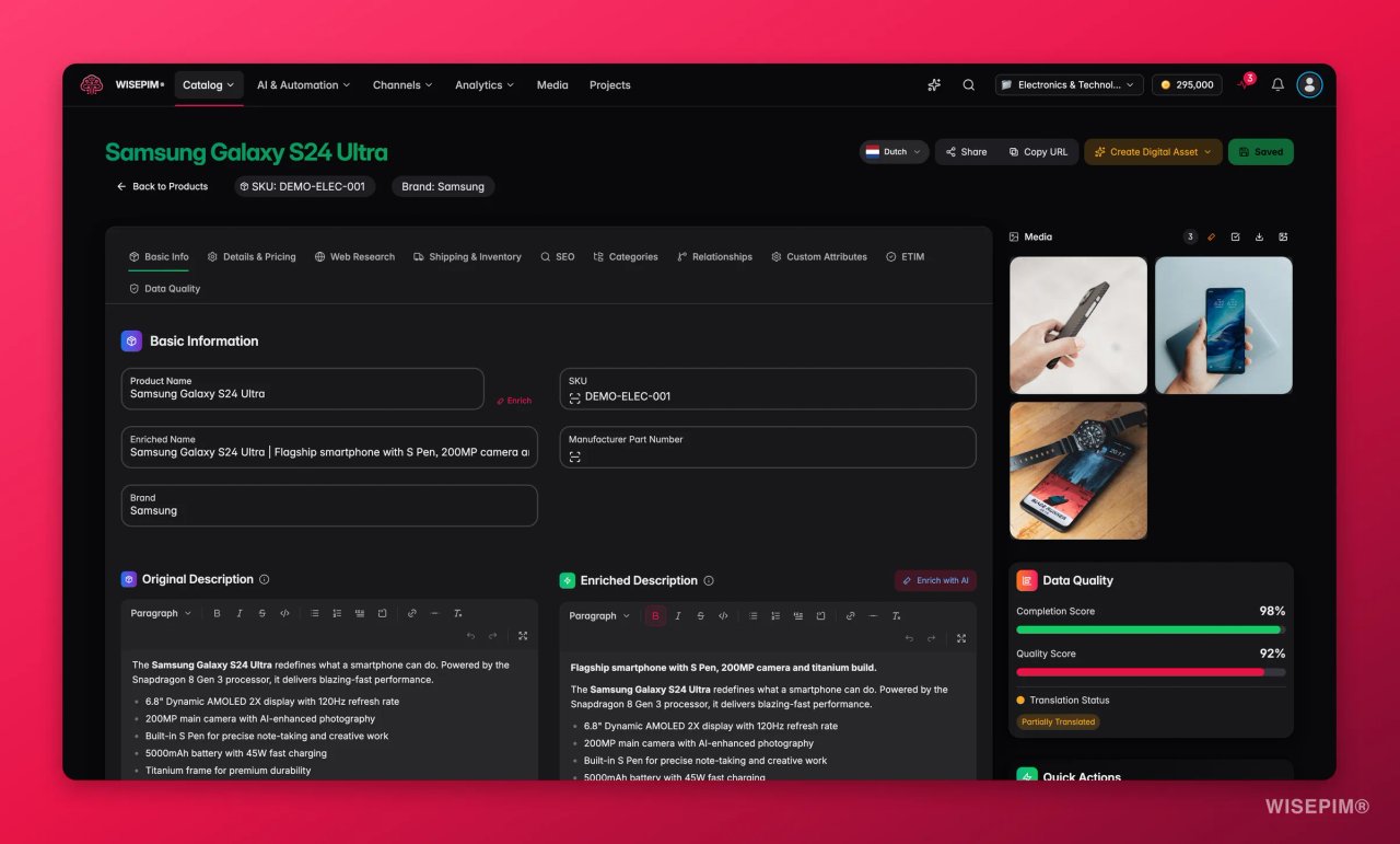 Un produit dans l'éditeur produit de WISEPIM avec SKU, marque, la description d'origine et la description enrichie côte à côte, et les scores de complétude et de qualité.