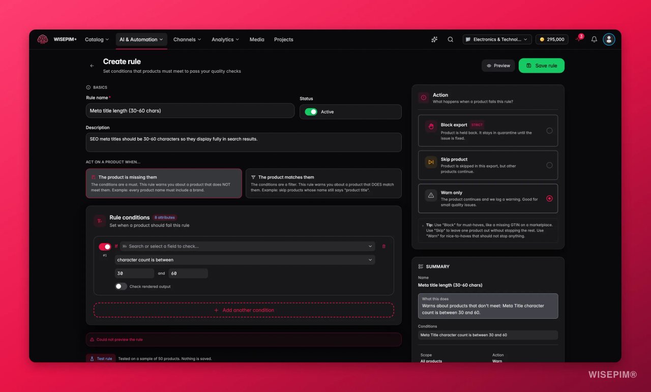 Le générateur de règles Quality Guard de WISEPIM configuré pour une règle de longueur du meta title, avec les actions Block export, Skip product et Warn only.