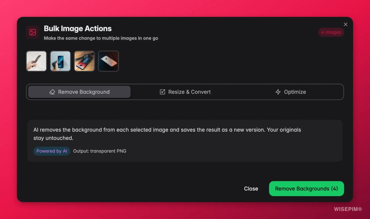 WISEPIM-Dialog Bulk Image Actions mit vier ausgewählten Produktfotos und Tabs für Remove Background, Resize & Convert und Optimize.