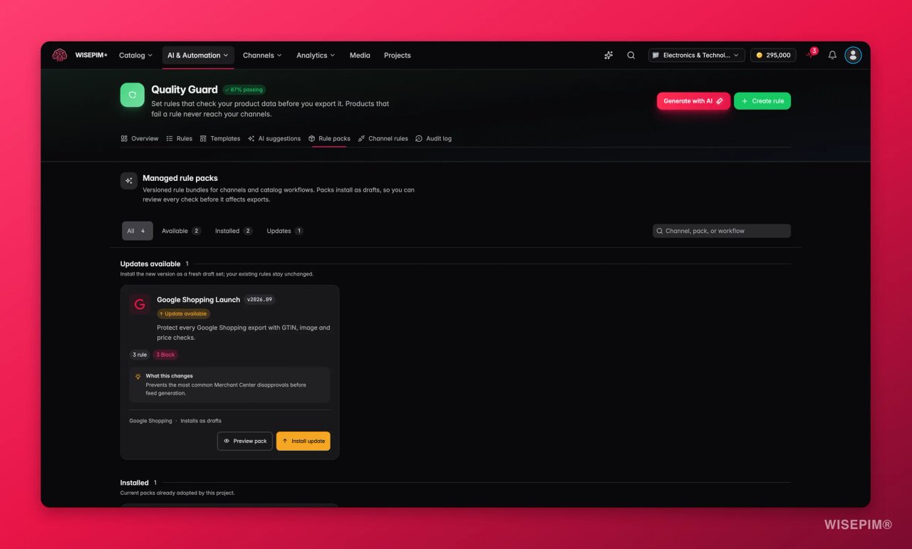 L'onglet Rule packs de WISEPIM Quality Guard, avec un pack Google Shopping Launch comprenant trois règles bloquantes pour les contrôles de GTIN, d'image et de prix, et une mise à jour disponible.