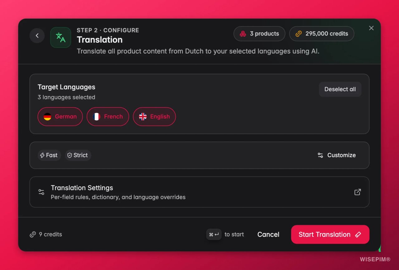 WISEPIM-Übersetzungsschritt mit Deutsch, Französisch und Englisch als Zielsprachen, einem Modus Fast oder Strict und einem Link zu den Übersetzungseinstellungen pro Feld.