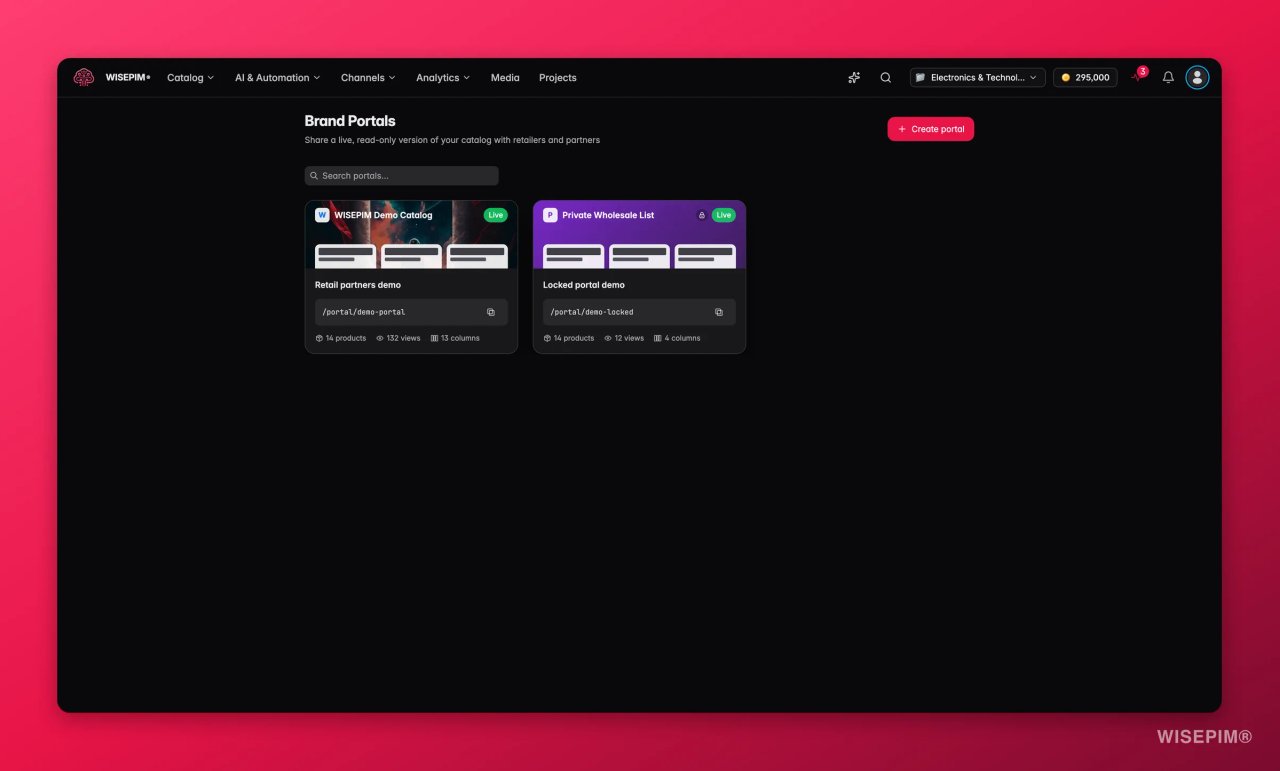 Het overzicht van Brand Portals in WISEPIM met twee live portalen: een openbare democatalogus en een met wachtwoord beveiligd portaal Private Wholesale List, elk met aantallen producten, bezoeken en kolommen.