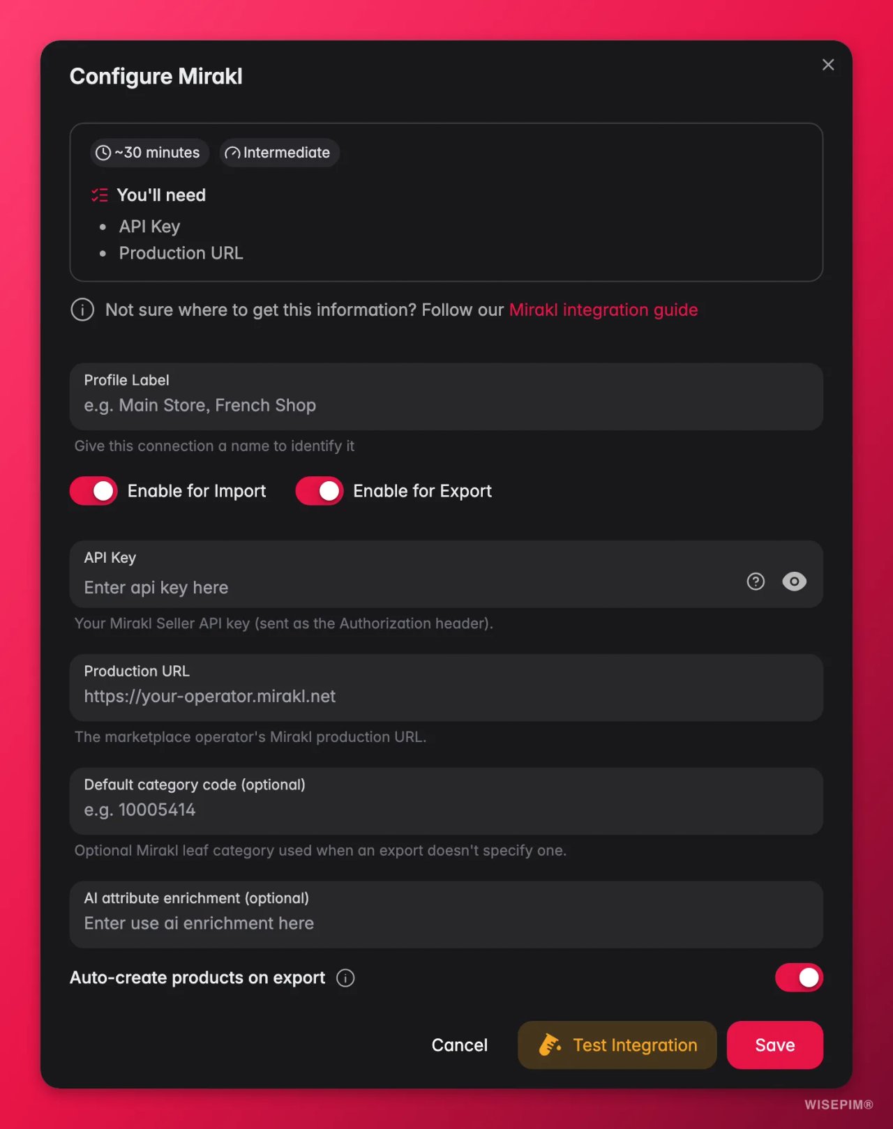Het venster Configure Mirakl met profiellabel, schakelaars voor import en export, productie-URL, standaardcategoriecode en een Test Integration-knop