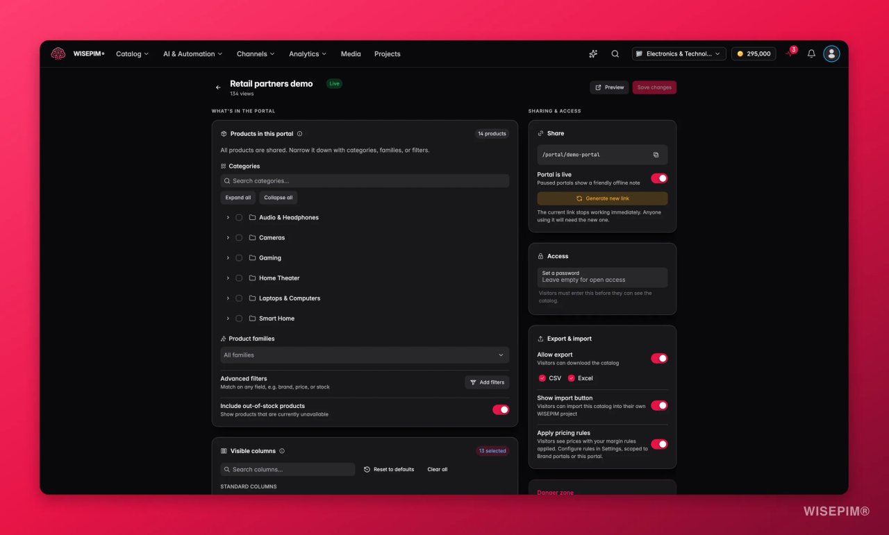De editor van een Brand Portal in WISEPIM met links de productselectie op categorie en familie, en rechts de deelinstellingen voor de openbare link, het wachtwoord, CSV- en Excel-export, de importknop en prijsregels.