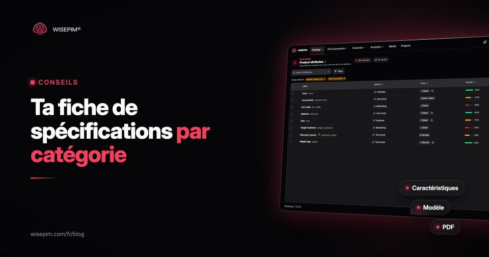 Fiche de spécifications produit : modèle et champs par catégorie
