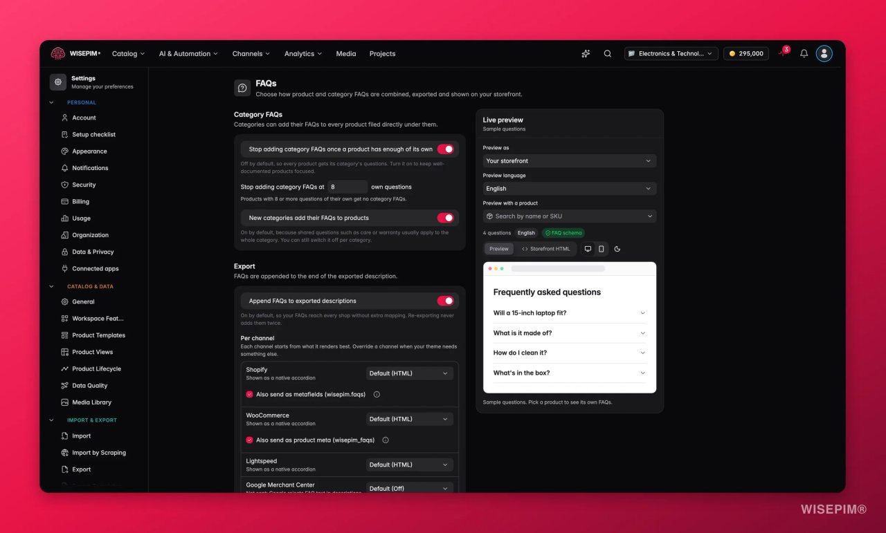 De FAQ-instellingen van WISEPIM met opties voor categorie-FAQ's, exportinstellingen per kanaal zoals Shopify en WooCommerce en een live voorbeeld van de webshop met vier voorbeeldvragen.