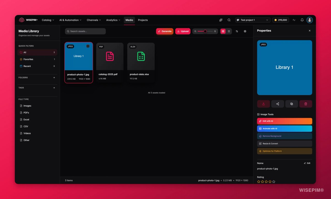 De WISEPIM-mediabibliotheek (Engelse interface) met een geselecteerde JPEG-productfoto en een eigenschappenpaneel met beeldtools, waaronder Achtergrond verwijderen, Formaat wijzigen en converteren en Optimaliseren voor platform.