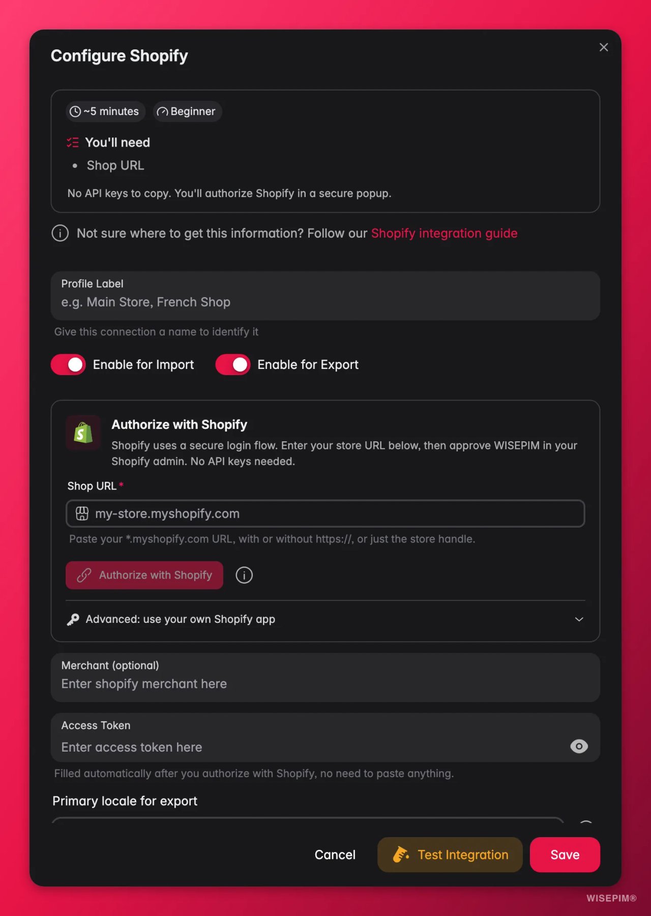 WISEPIM-Dialog Configure Shopify mit Schaltern für Import und Export, einem Feld für die Shop-URL, einem Button Authorize with Shopify und der Einstellung Primary locale for export.