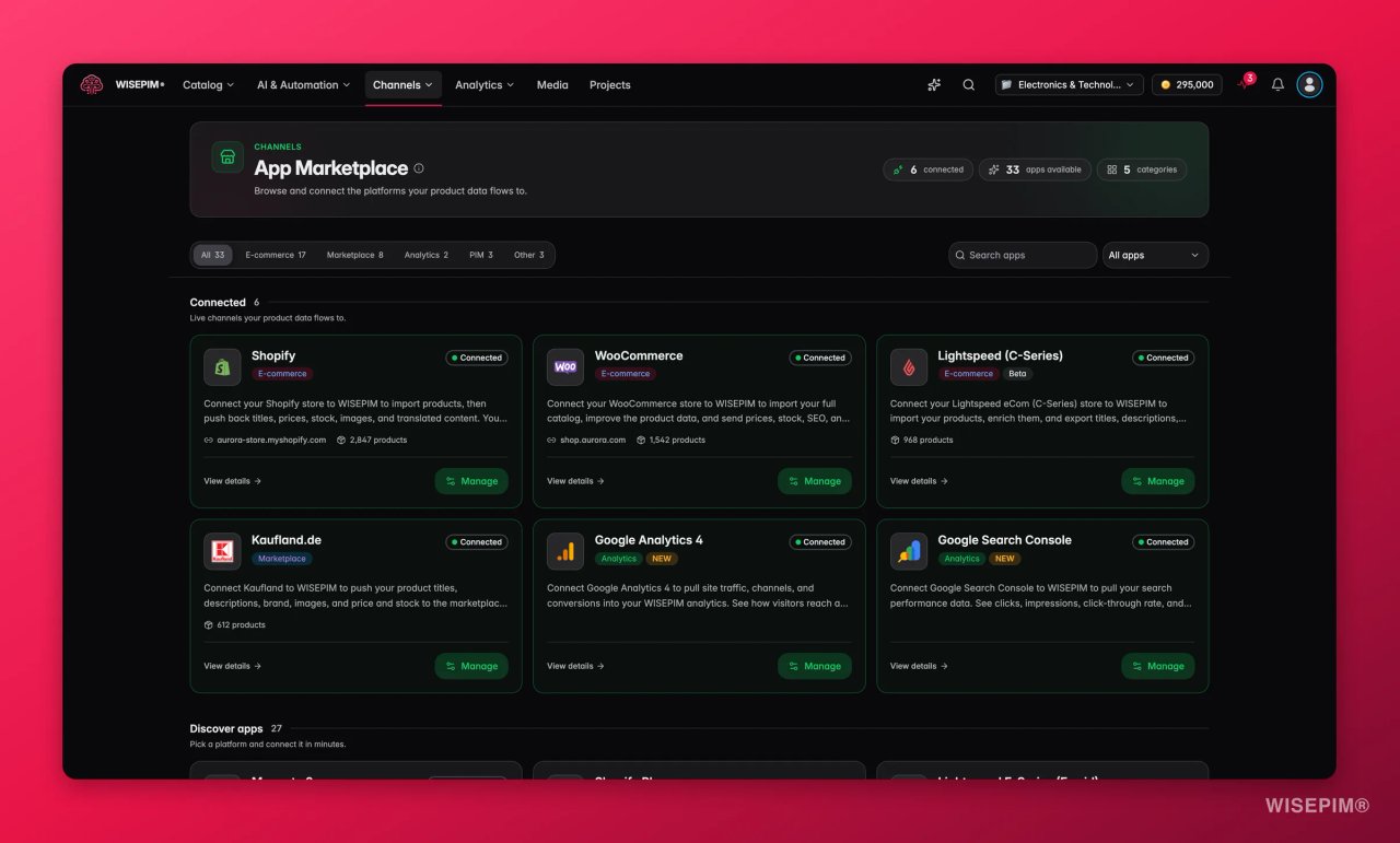 WISEPIM App Marketplace mit verbundenen Apps für Shopify, WooCommerce, Lightspeed, Kaufland, Google Analytics 4 und Google Search Console.