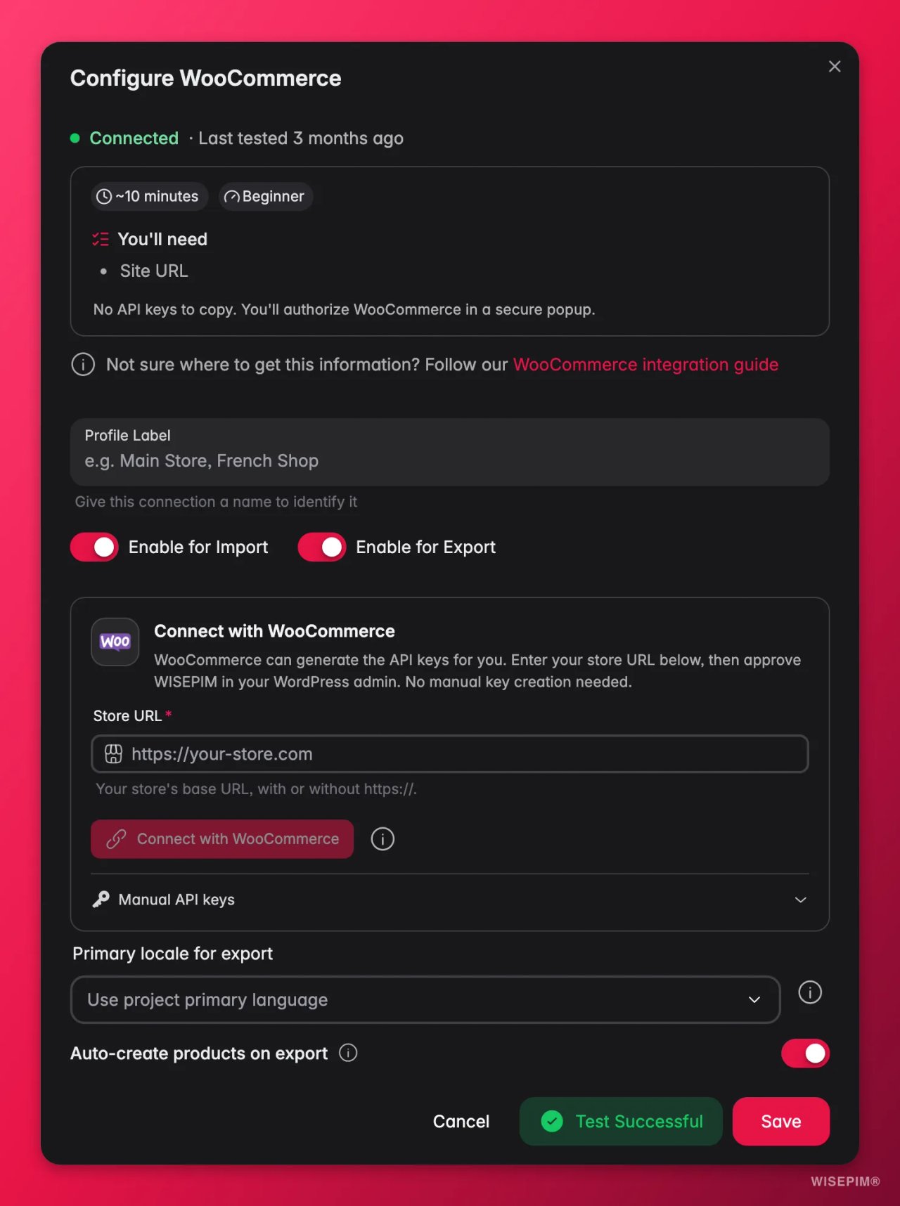 Der Dialog Configure WooCommerce in WISEPIM mit einem Feld für die Shop-URL, Schaltern für Import und Export und einer Hauptsprache für den Export.
