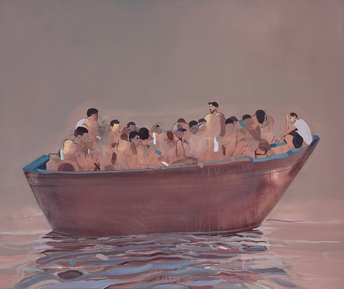Nabil El Makhloufi, Le bateau I, 2023, peinture acrylique et fusain sur toile, L’Atelier 21, Casablanca. Courtesy de l’artiste et d’Atelier 21
Œuvre faisant partie du parcours conçu par Amanda Abi Khalil « L’Exil : dépossession et résistance » sur Art Paris 2023.