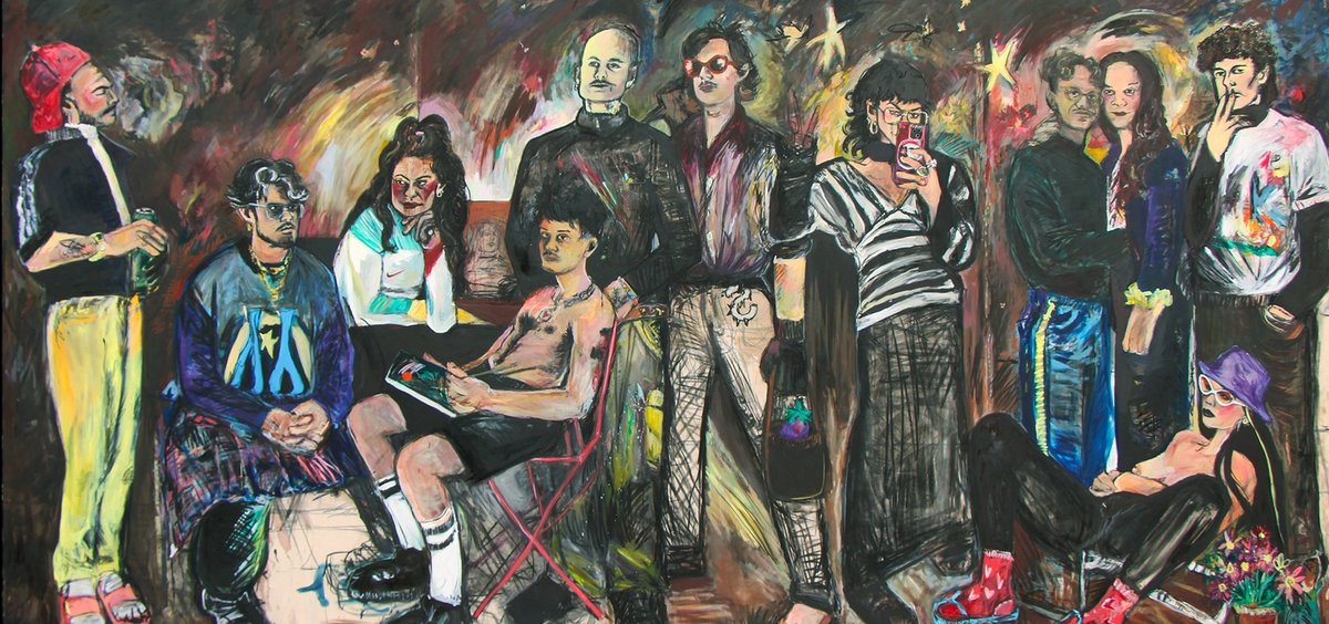 Ludivine Gonthier, Portrait de mon groupe, 2023-2024, brou de noix, fusain, pastel et peintures à l’huile sur toile. Courtesy de l’artiste