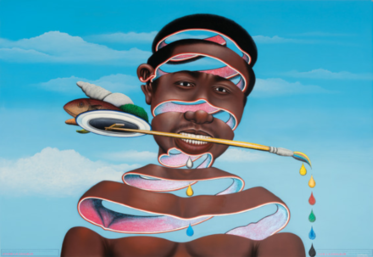 Chéri Samba, J’aime la couleur, 2003, acrylique et paillettes sur toile, collection Pigozzi – Contemporary African Art Collection (CAAC).
© Chéri Samba. Courtesy de The Jean Pigozzi African Art Collection. Photo Maurice Aeschimann