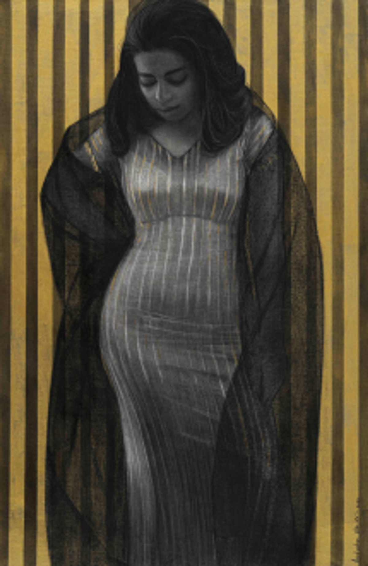 Hend Adnan, Eclipsed, 2022, fusain et gesso doré sur toile.
Courtesy de l’artiste et de la Picasso Art Gallery