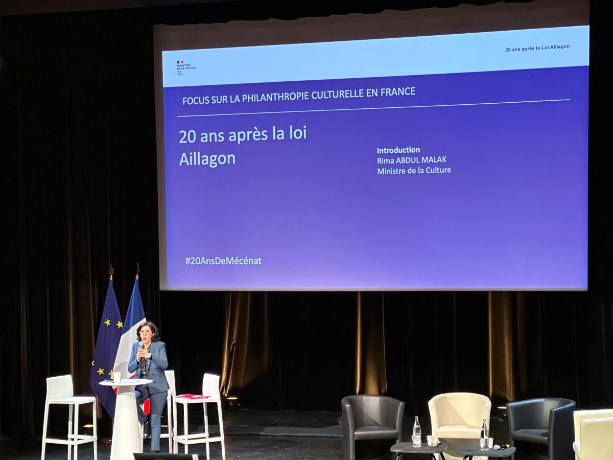 Rima Abdul Malak, ministre de la Culture, le 11 décembre 2023 au musée Guimet à Paris, lors de la rencontre autour du mécénat culturel, à l’occasion des 20 ans de la loi du 1er août 2003 relative au mécénat, aux associations et aux fondations. Photo : Philippe Régnier