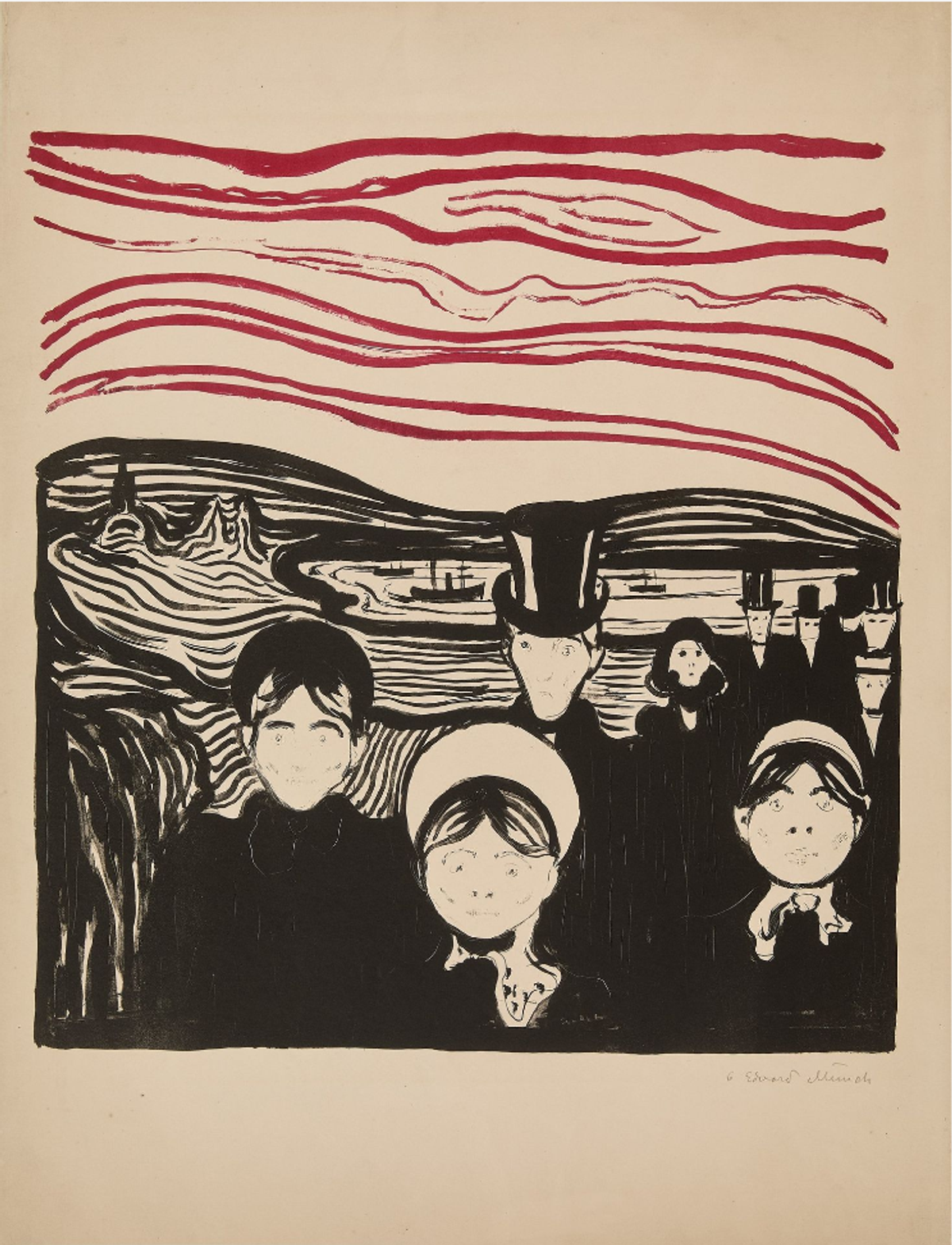 Edvard Munch, L’Angoisse, ou Angstgefühl, Le Soir. 1896. Lithographie originale, impression en deux tons (noir et rouge vif). Courtesy Ferri & associés.