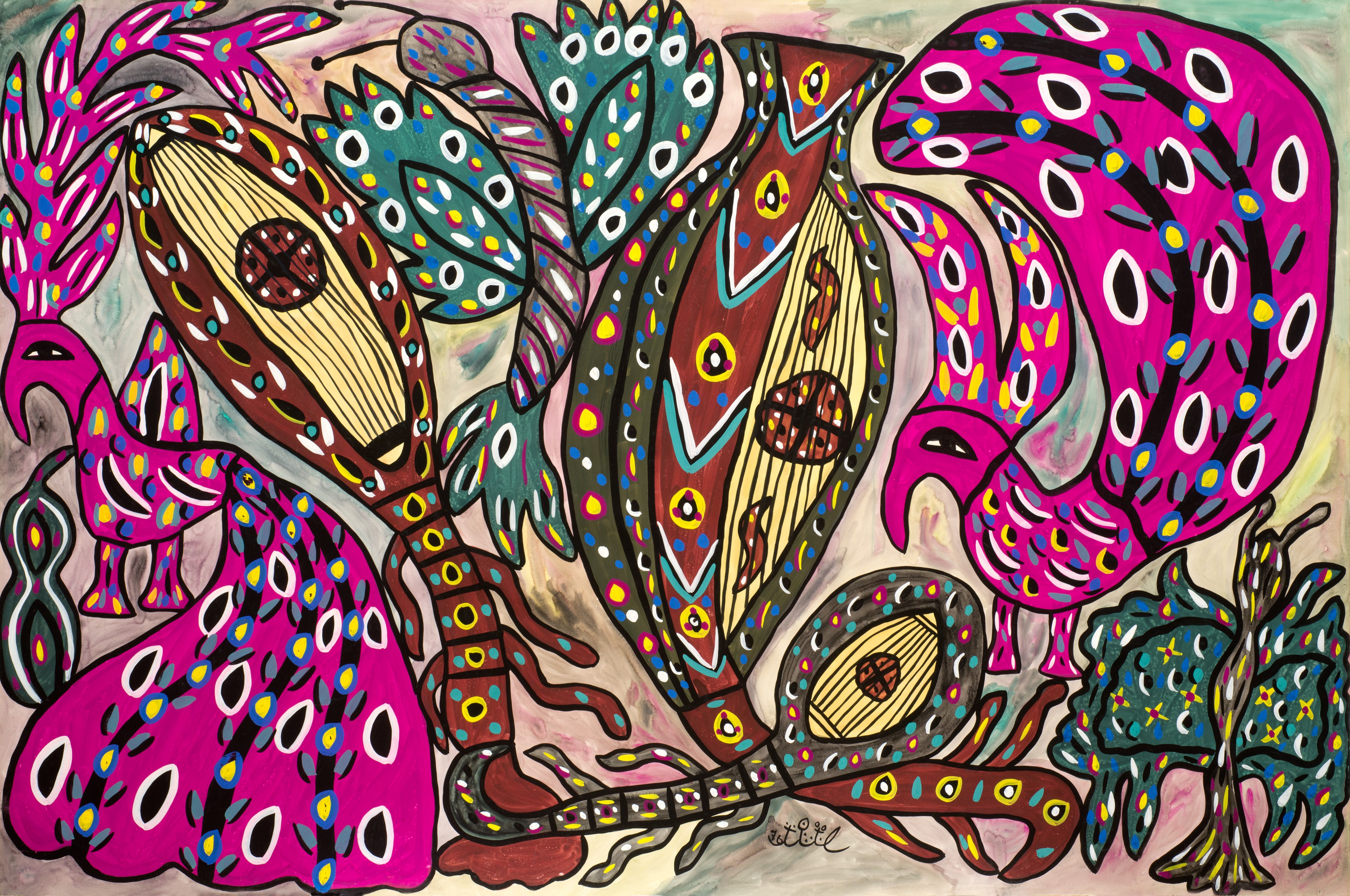 Baya, Oiseaux musiciens, 1976, gouache et aquarelle sur papier. © Alberto Ricci