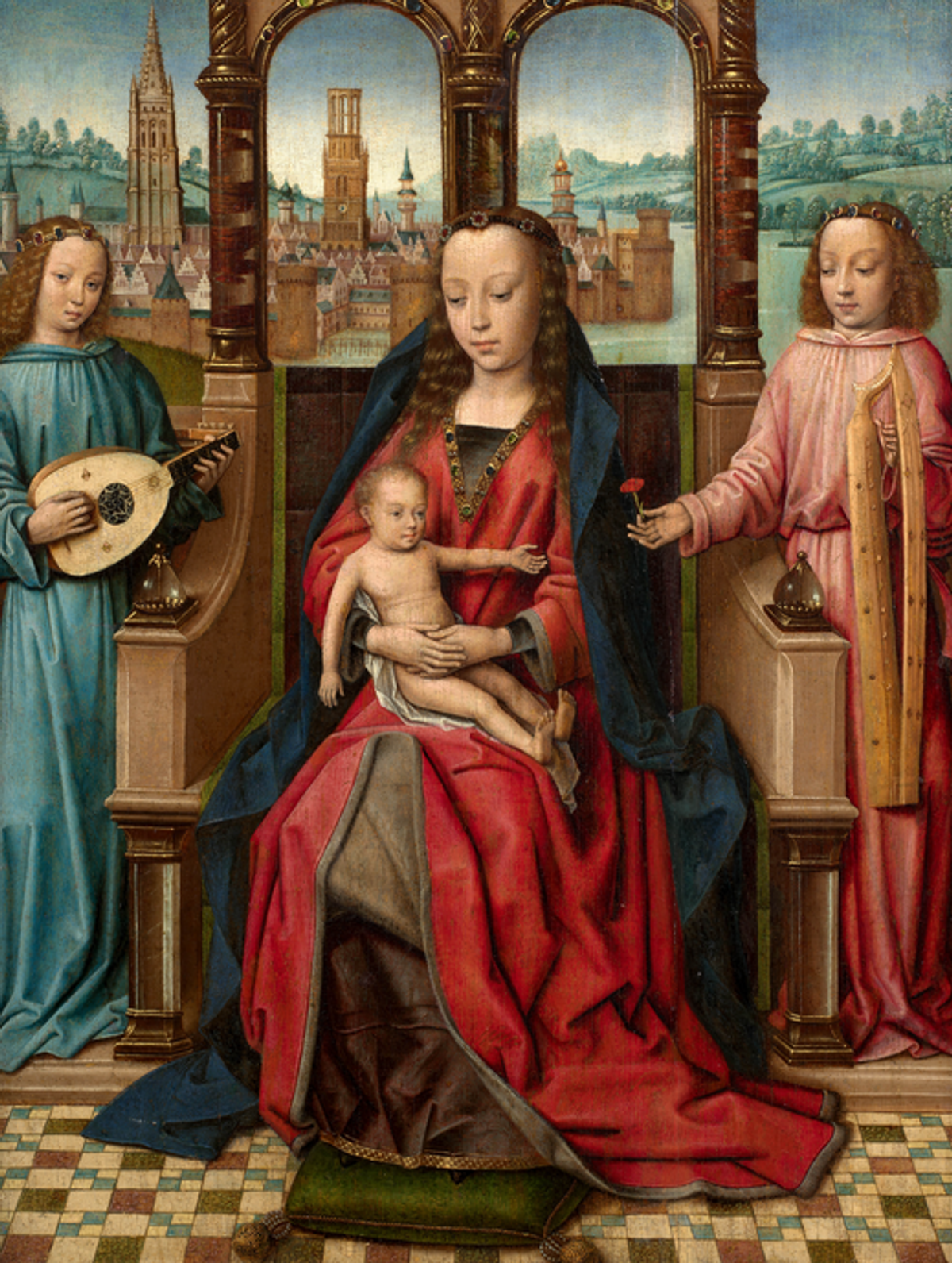 Maitre de la Légende de Sainte Lucie (Actif à Bruges à la fin du XVe - début du XVIe siècle), La Vierge à l'Enfant entourée d'anges musiciens, huile sur panneau de chêne, deux planches, 44,5 cm x 34 cm. Courtesy Artcurial
