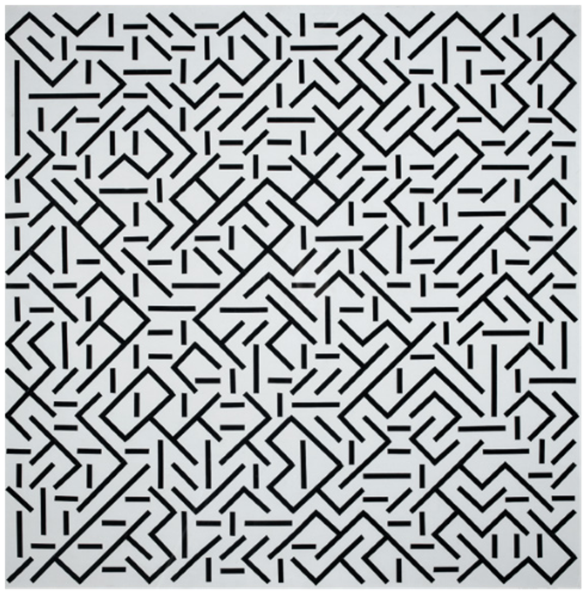 Vera Molnár, Quatre éléments distribués au hasard, 1959, dessin et bandes de film adhésif collées sur carton, Paris, musée national d’Art moderne – Centre Pompidou. © MNAM-CCI/Dist. RMN-GP. Photo Georges Meguerditchian/Centre Pompidou