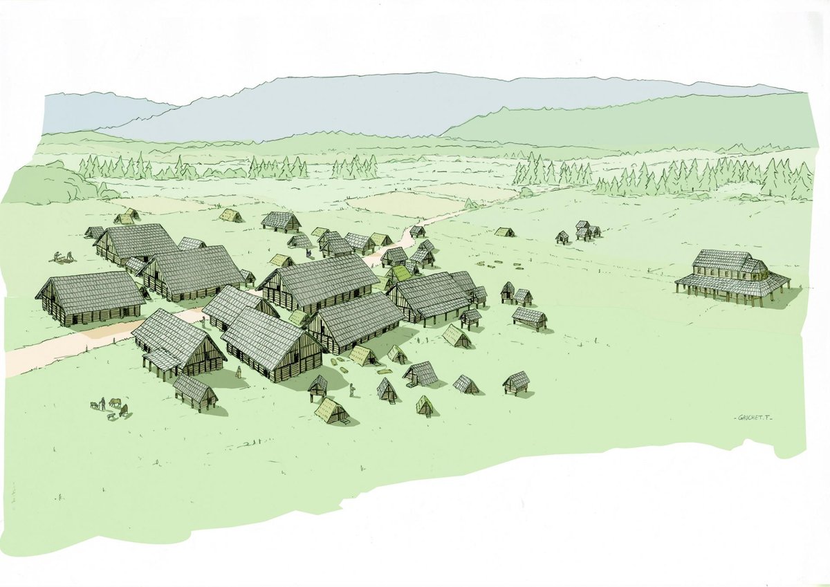 Évocation d’un village mérovingien découvert à Pontarlier (Doubs) à partir du plan de fouille. © François Gauchet, Inrap