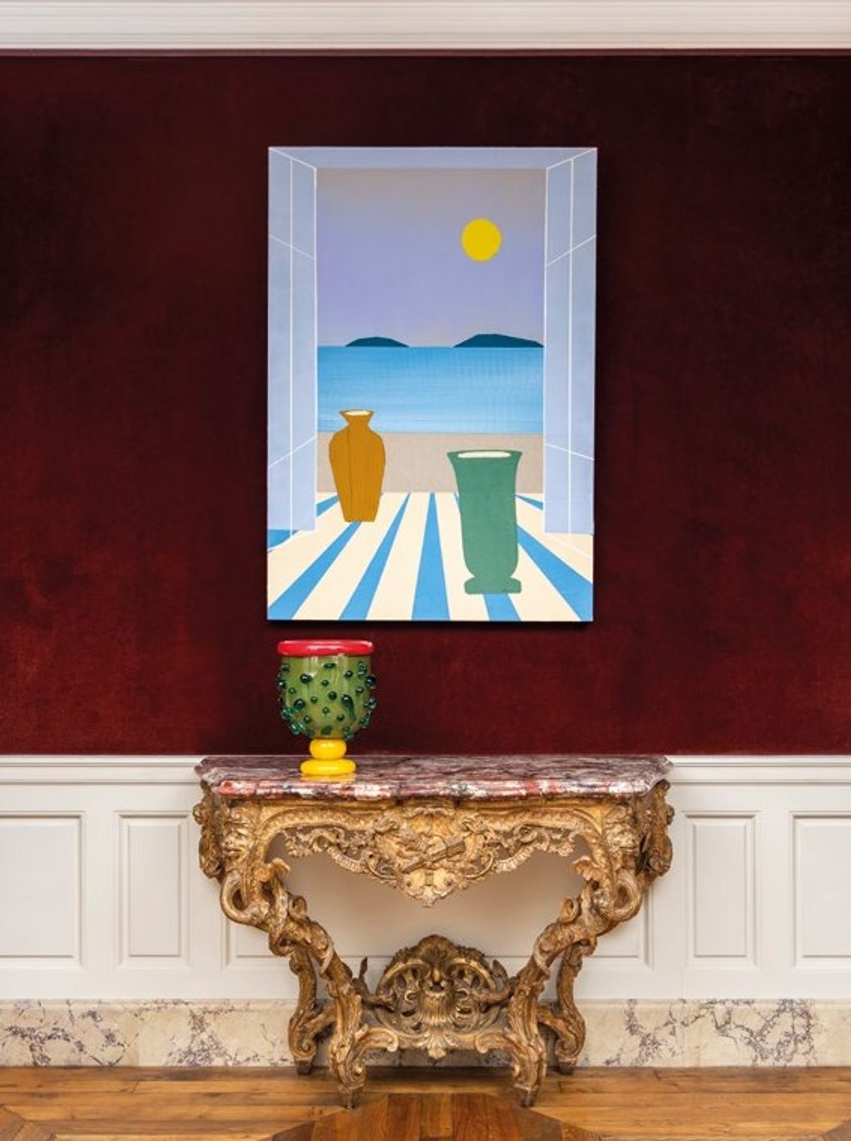 Ben Arpéa, Sans titre, 2024, acrylique sur toile et un vase d’Alissa Volchkova.
Courtesy de la galerie Aveline, de Laurence Dreyfus et de Chambres à part, 2025