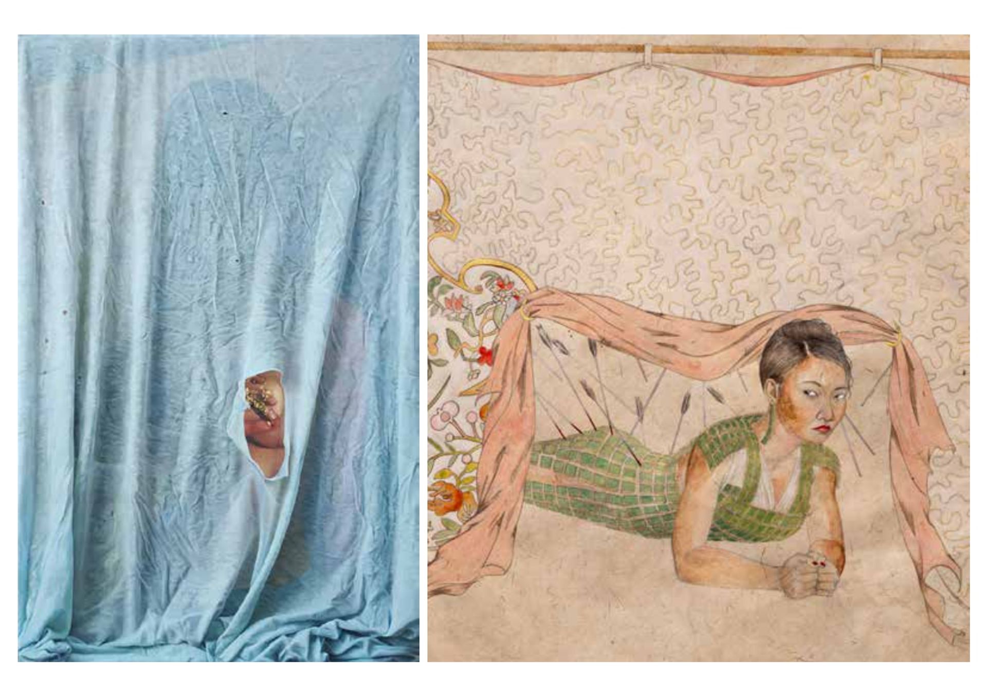 À gauche : Katia Bourdarel, Linteum-Idole, 2022. Courtesy Katia Bourdarel et Aeroplastics Gallery. © ADAGP, Paris, 2023. Photo : Roméo Dini ; à droite : Fay Ku, Retreat, 2022. Courtesy H Gallery, Paris