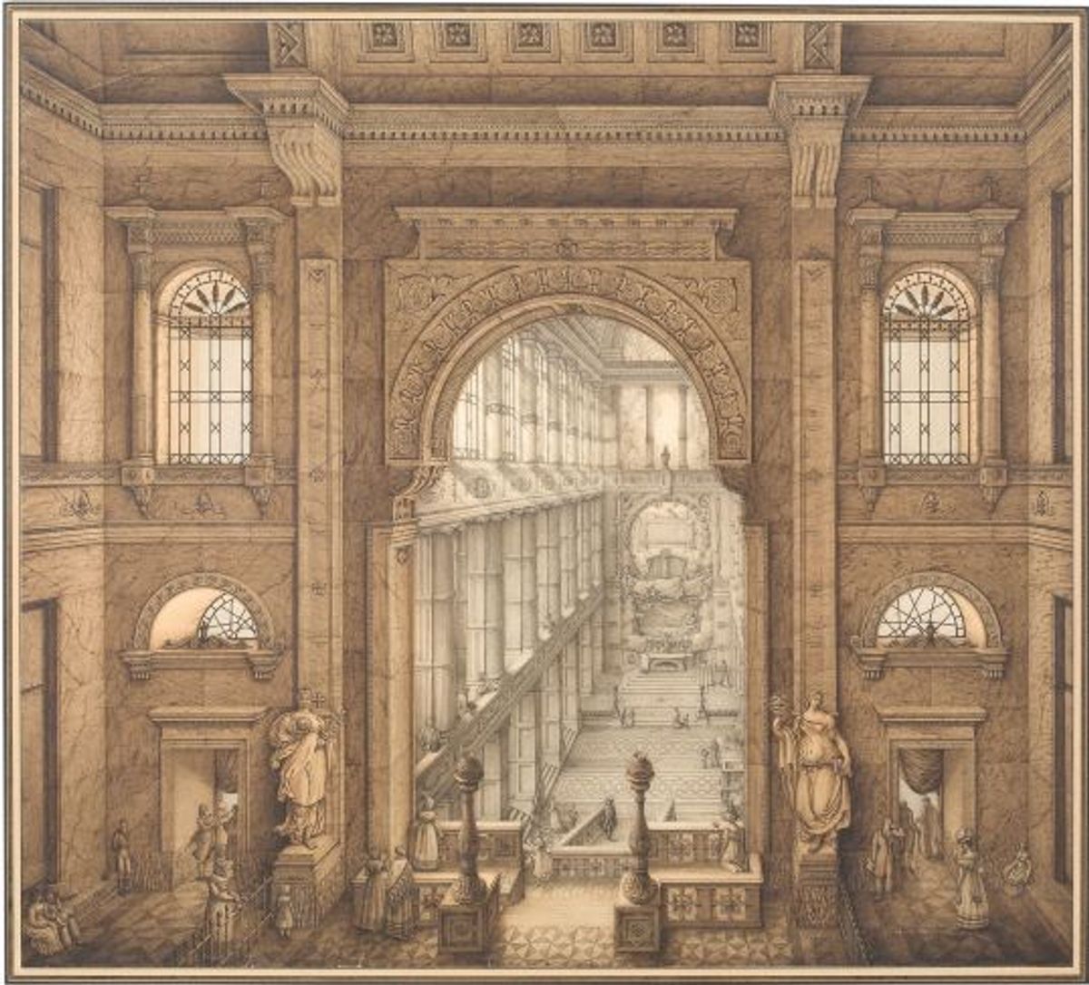 Jean-Jacques Lequeu, Projet d’architecture pour une église, 1820, plume, encres brune et noire, lavis brun, est. 15 000 à 20 000 euros.
© Aguttes