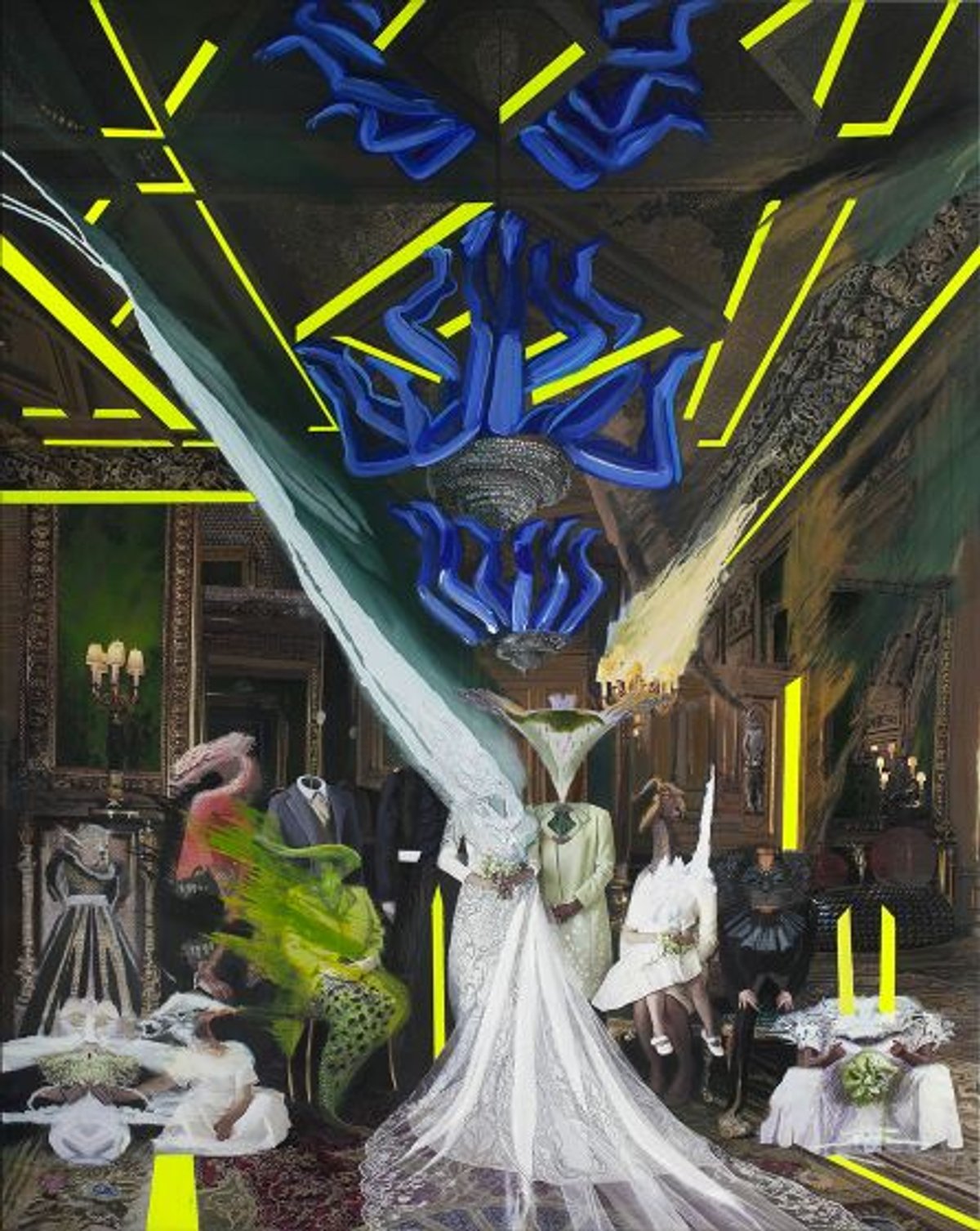 Rokni Haerizadeh, Ramin Haerizadeh & Hesam Rahmanian, Madame Tussauds, 2021, acrylique, gesso et collage sur toile. Courtesy des artistes et galerie In Situ – fabienne leclerc