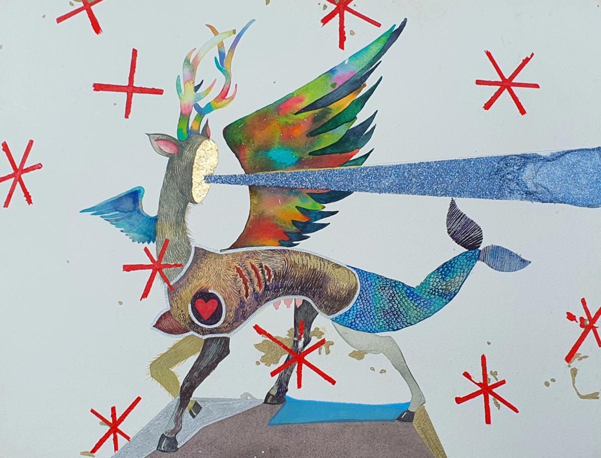 Iryna Ozi Ozarynska, The heritage transformation of Sonia Delaunay, 2022, techniques mixtes sur papier. Parcours Arts visuels du Festival à l’Espace des Femmes-Antoinette Fouque. Photo : D.R. © Festival Un week-end à l’est, 2022