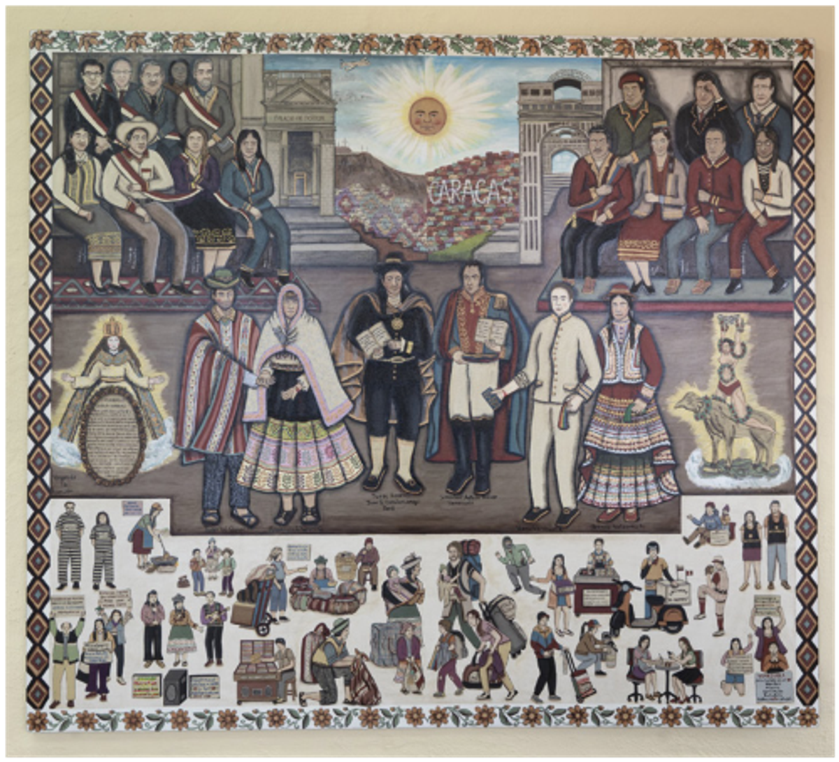 Violeta Quispe, El Matrimonio de la Chola, 2022, pigment naturel, acrylique et feuille d’or. Courtesy de l’artiste et de Vigil Gonzales Galeria, Lima