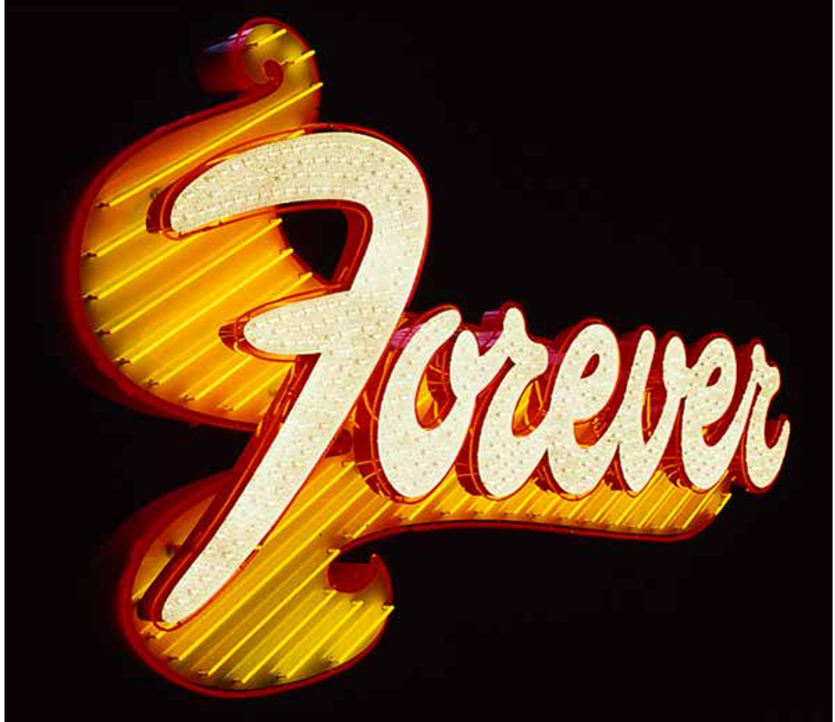 Tim Noble et Sue Webster, Forever (version 3), 2001, 509 réflecteurs, ampoules, supports et rondelles marguerites blanc glacier, cadre en acier cadre en acier, aluminium peint, néon rouge rubis, 28 bandes de néon jaune, transformateur, séquenceur de lumière électronique, Pinault Collection. © Pinault Collection