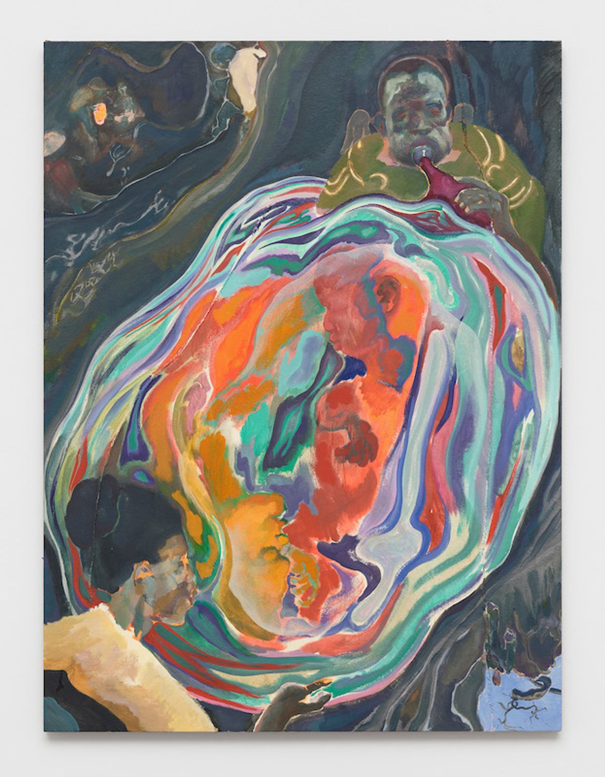 Michael Armitage, Cave, 2021, huile sur toile d’écorce de Lubugo. Courtesy de l’artiste et White Cube. Photo Theo Christelis